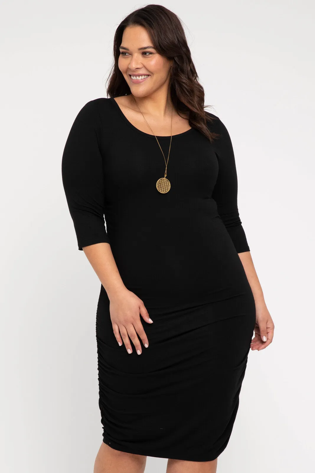 3/4 Sleeve Ruched Dress - Black