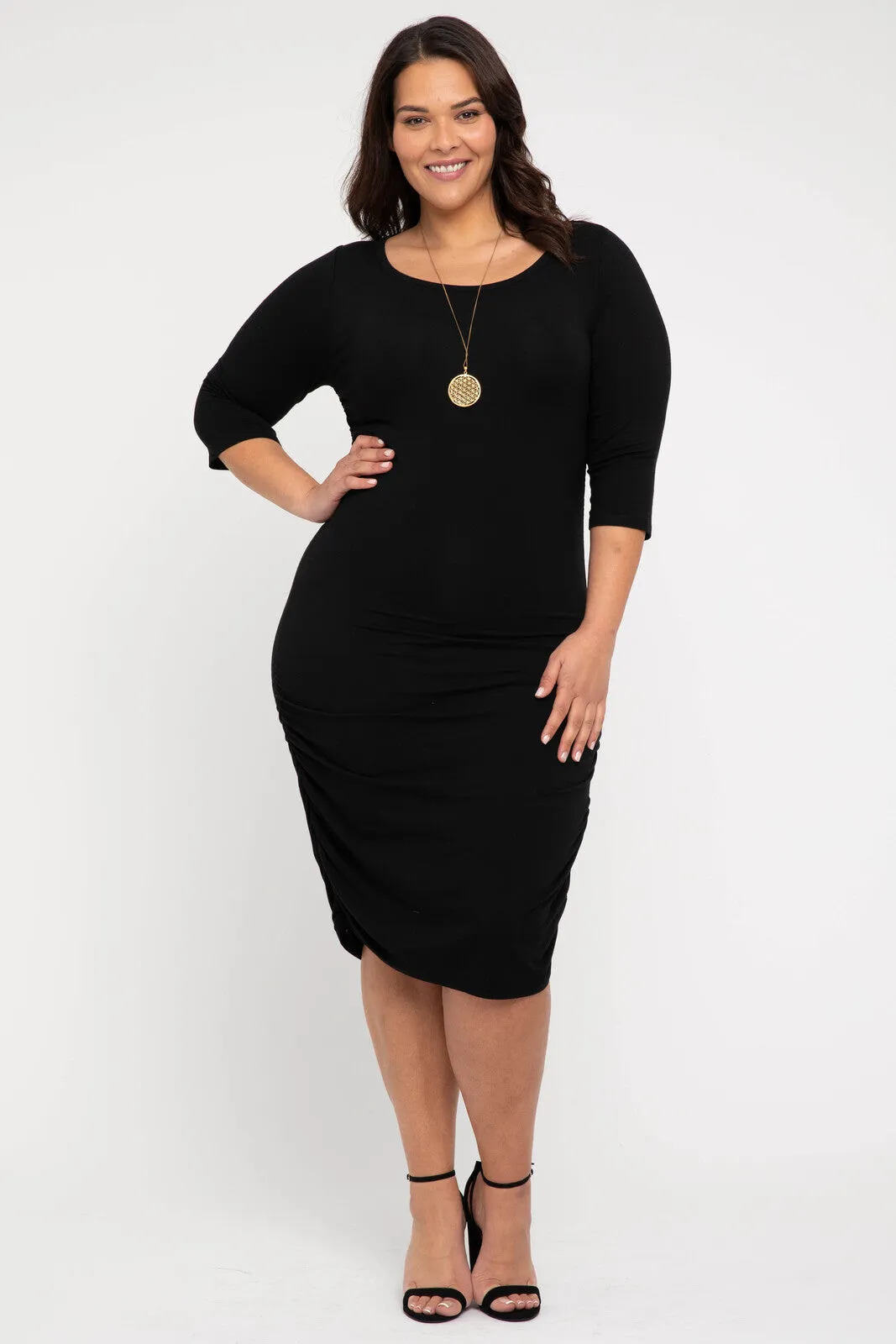 3/4 Sleeve Ruched Dress - Black