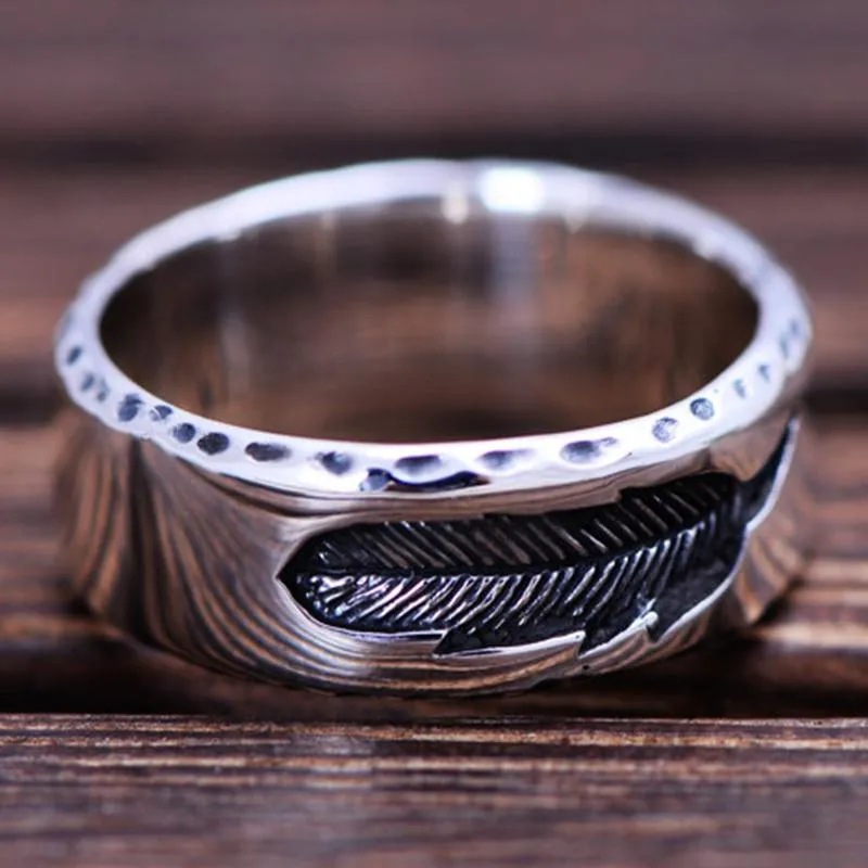 925 Silver Thai Punk Vintage Jewelry Rock Feather Ring for Men Women