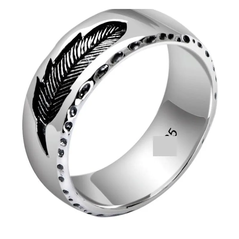 925 Silver Thai Punk Vintage Jewelry Rock Feather Ring for Men Women