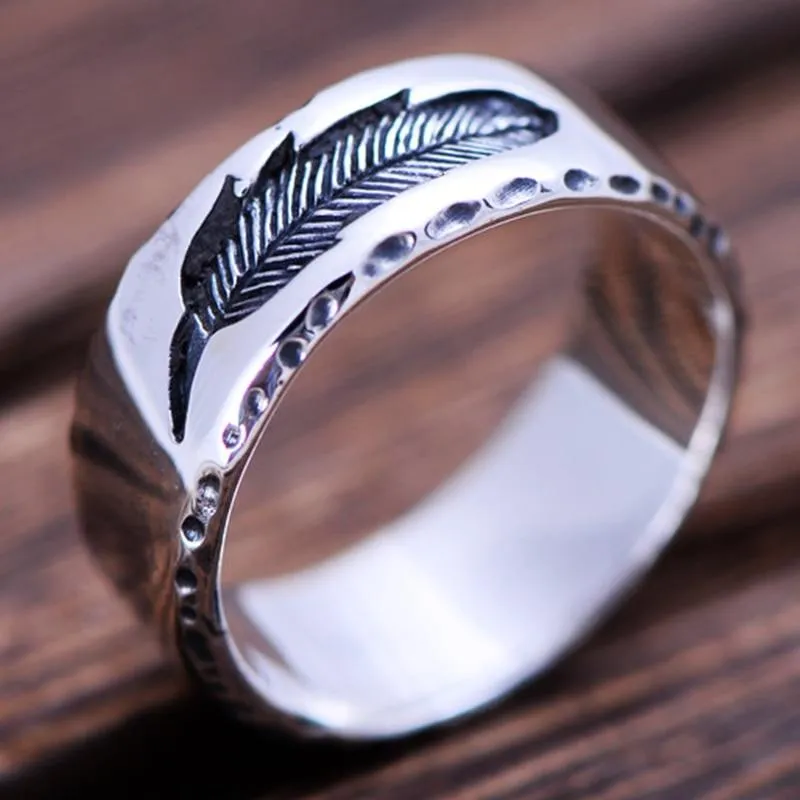 925 Silver Thai Punk Vintage Jewelry Rock Feather Ring for Men Women