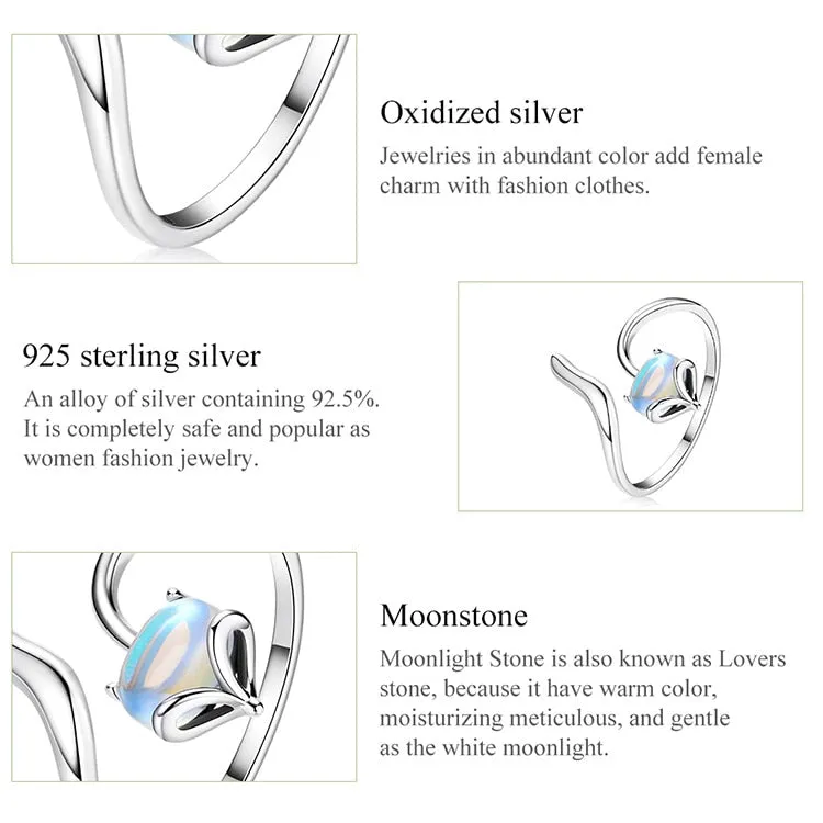 925 Sterling Silver Fox Shape Moonstone Adjustable Ring for Women