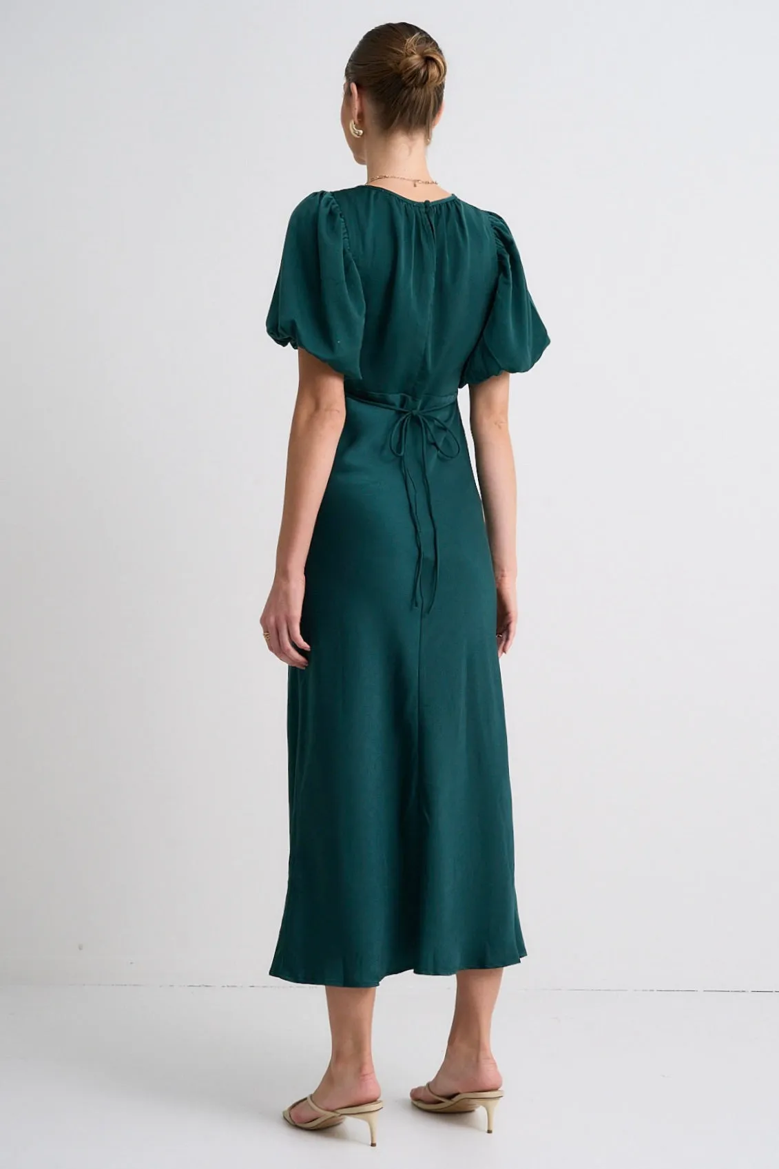 Astrid Forest Satin Puff Sleeve Bias Maxi Dress