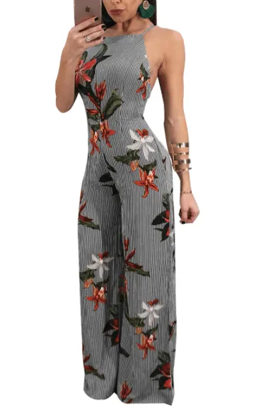 BACKLESS FLORAL PINSTRIP JUMPSUIT