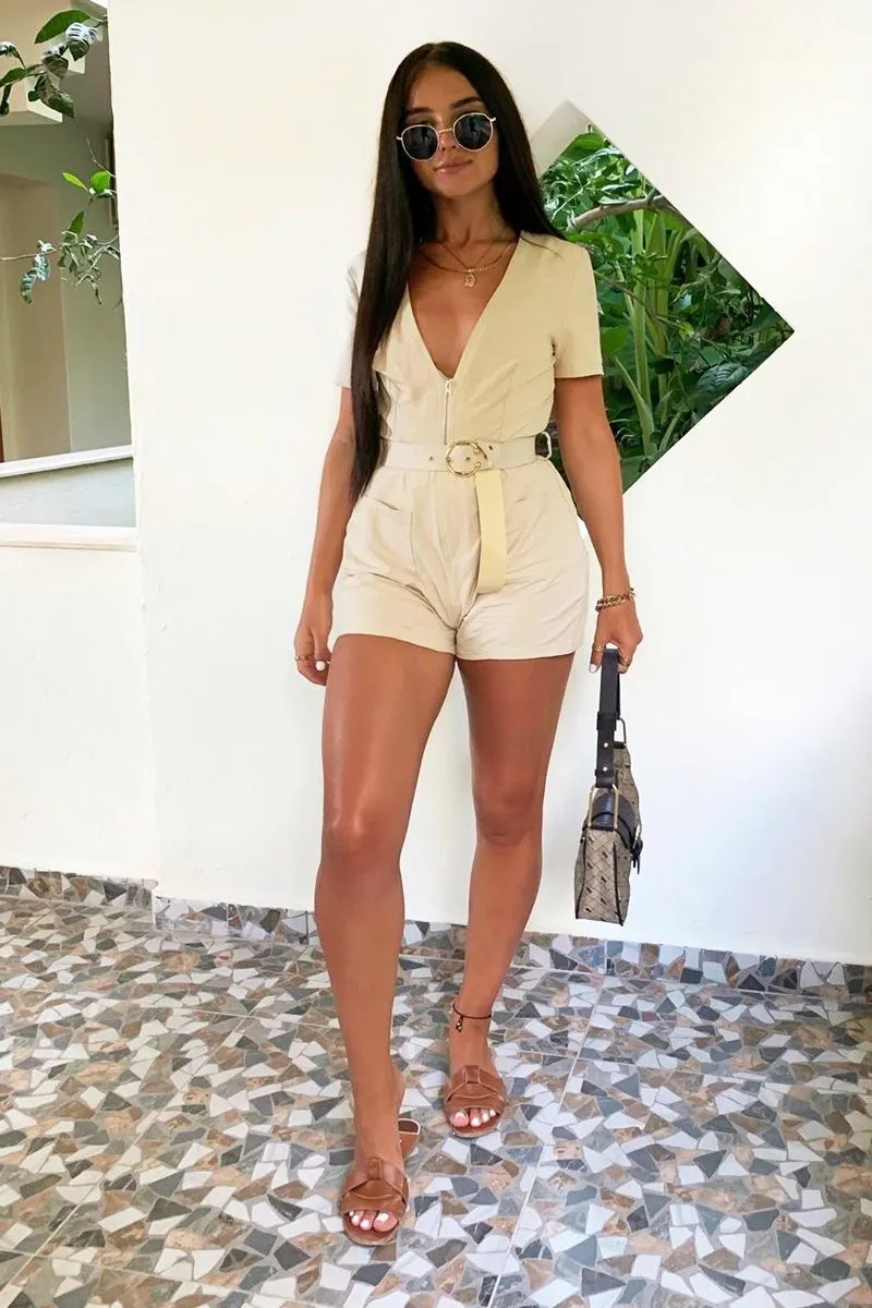 Beige Utility Pocket Zip Playsuit - Myriah