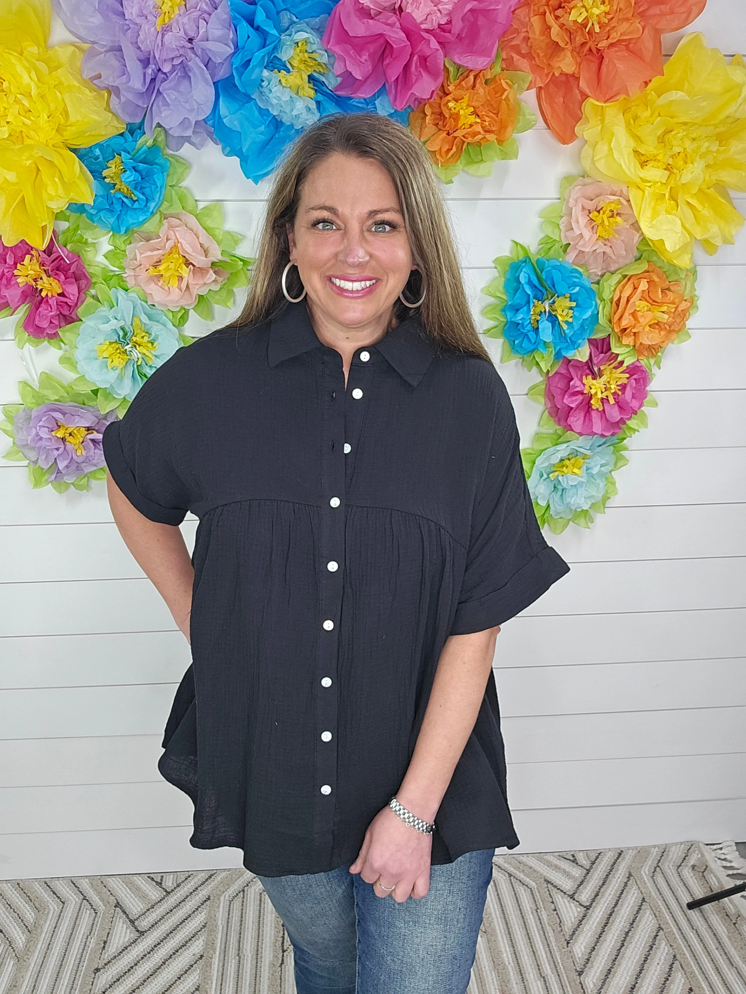 BLACK COTTON GAUZED BUTTON BABYDOLL TUNIC