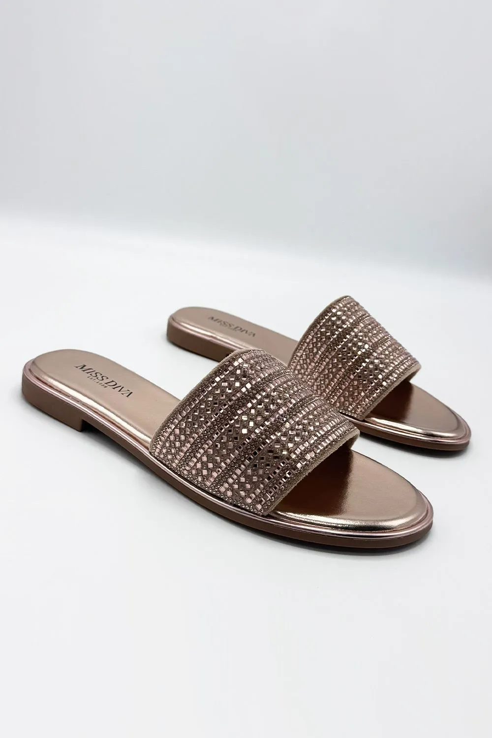 Camille Diamante Embellished Strap Sliders in Rose Gold