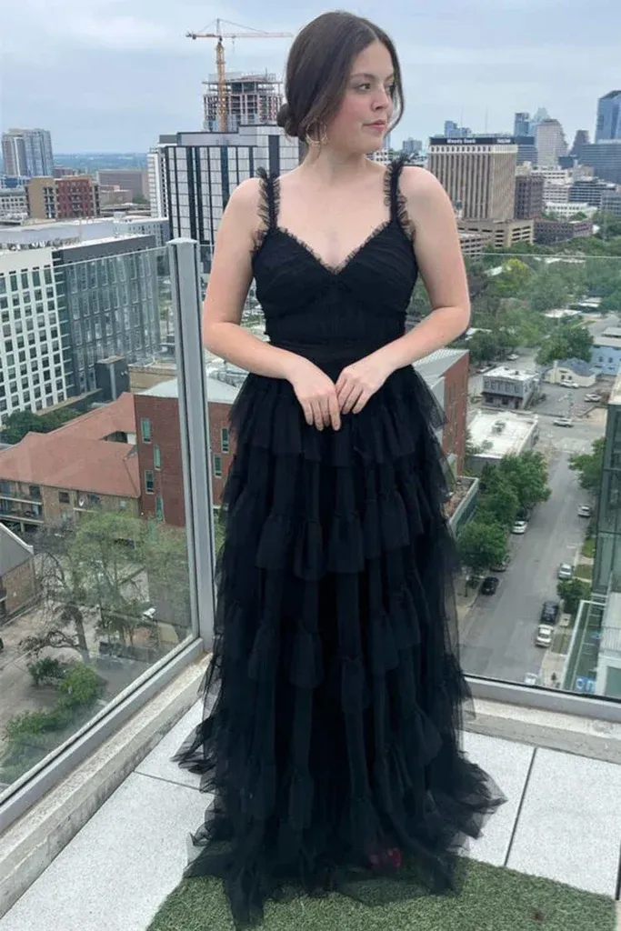 Chic A Line V Neck Black Tulle Layered Prom Dress