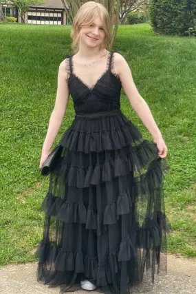 Chic A Line V Neck Black Tulle Layered Prom Dress