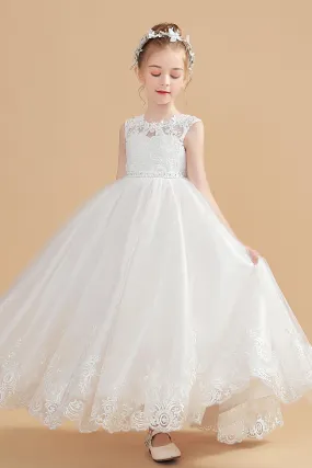 Cute Ivory Cap Sleeves Tulle Flower Girl Dresses With Beading