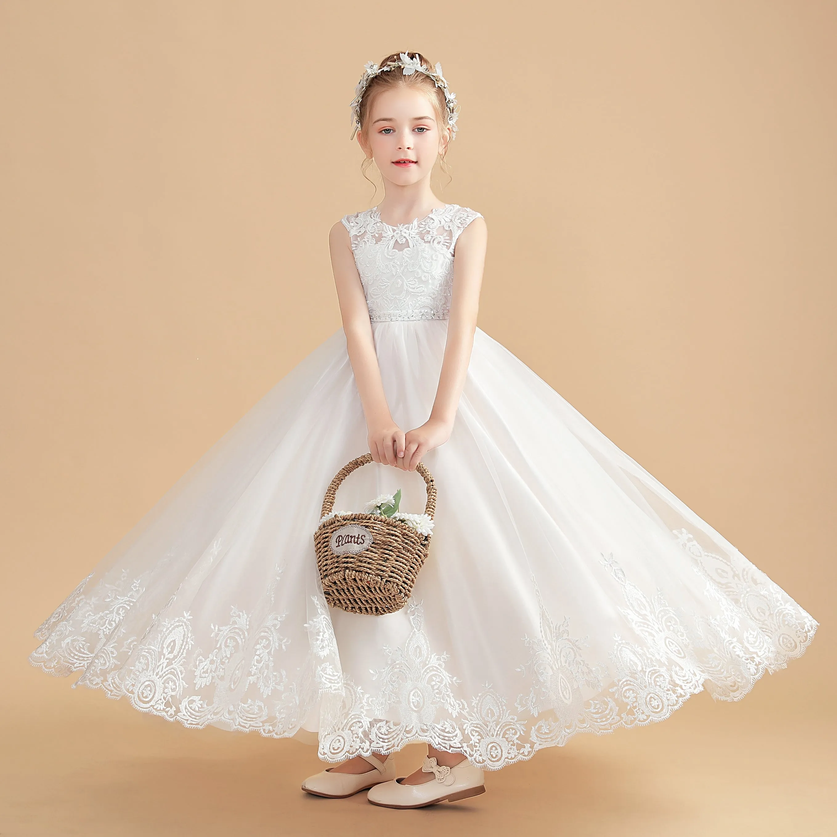 Cute Ivory Cap Sleeves Tulle Flower Girl Dresses With Beading