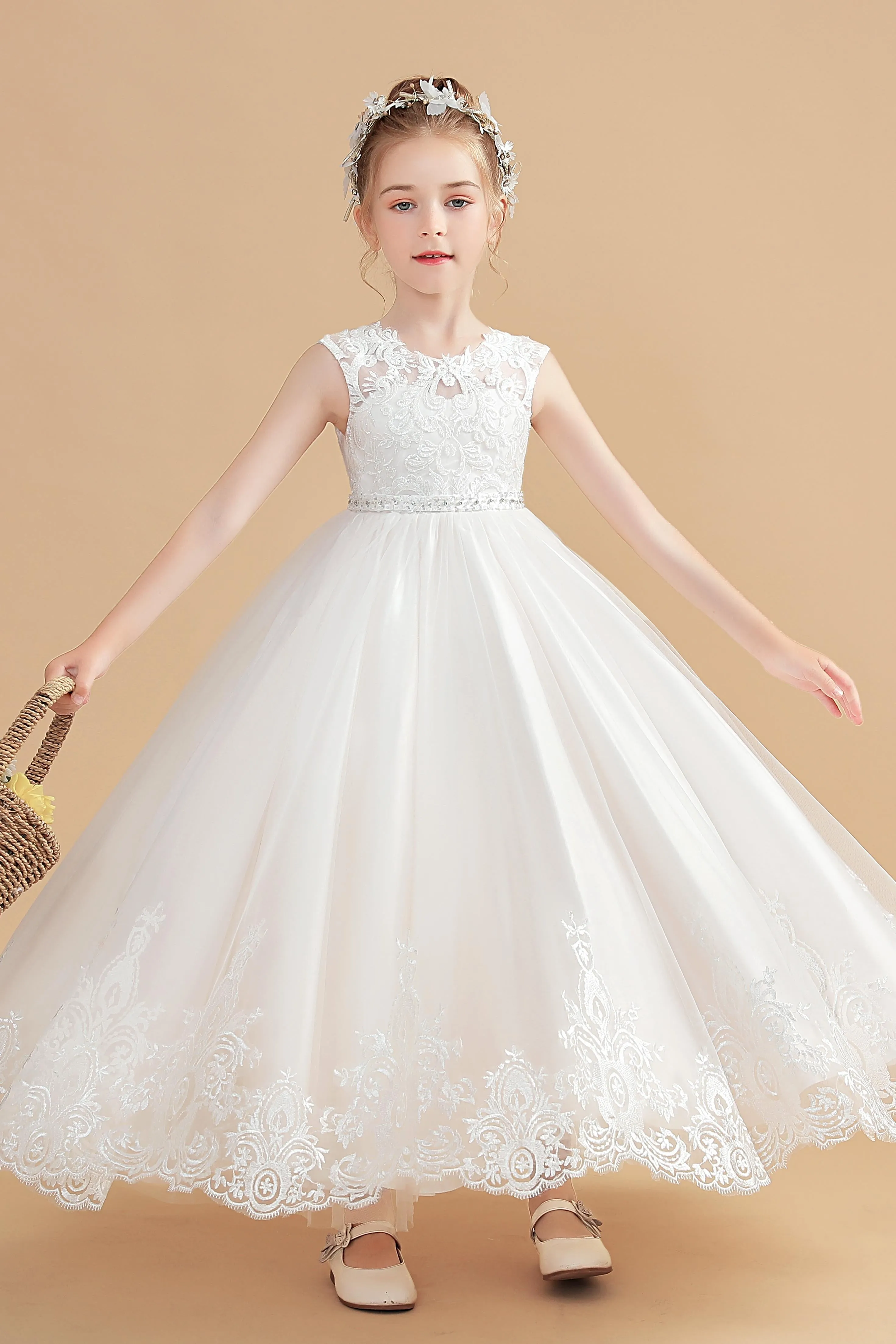 Cute Ivory Cap Sleeves Tulle Flower Girl Dresses With Beading