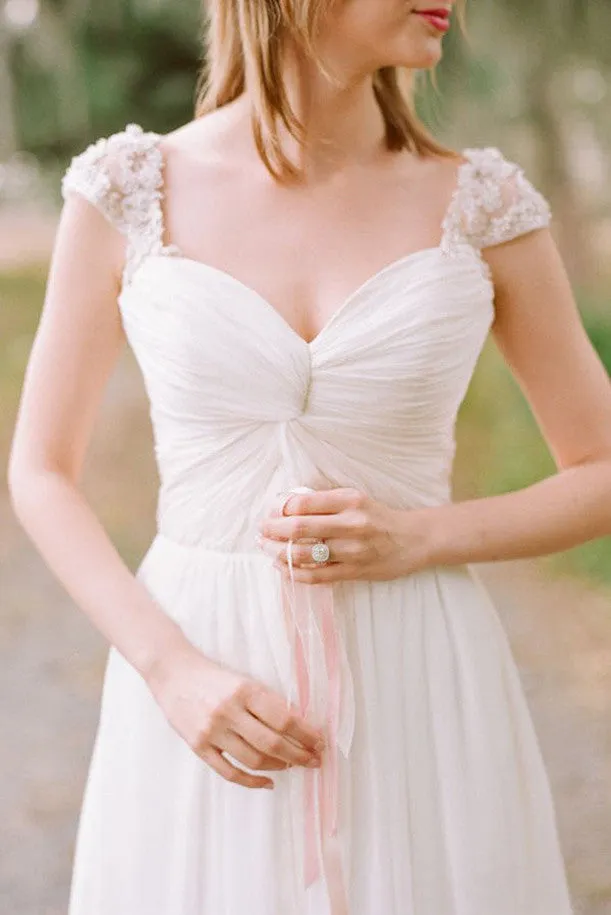 Elegant Cap Sleeve Wedding Gown,Long Chiffon Sweetheart Wedding Dresses,SW14