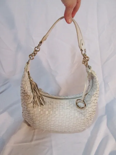 ELLIOTT LUCCA leather woven shoulder handbag purse hobo bag WHITE