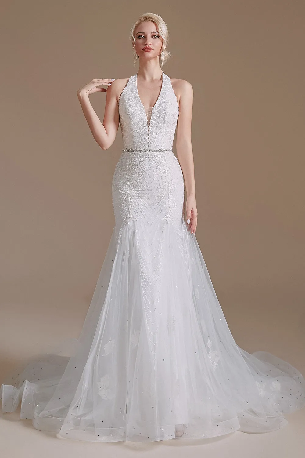 Gorgeous Long Mermaid Lace V-Neck Tulle Wedding Dress