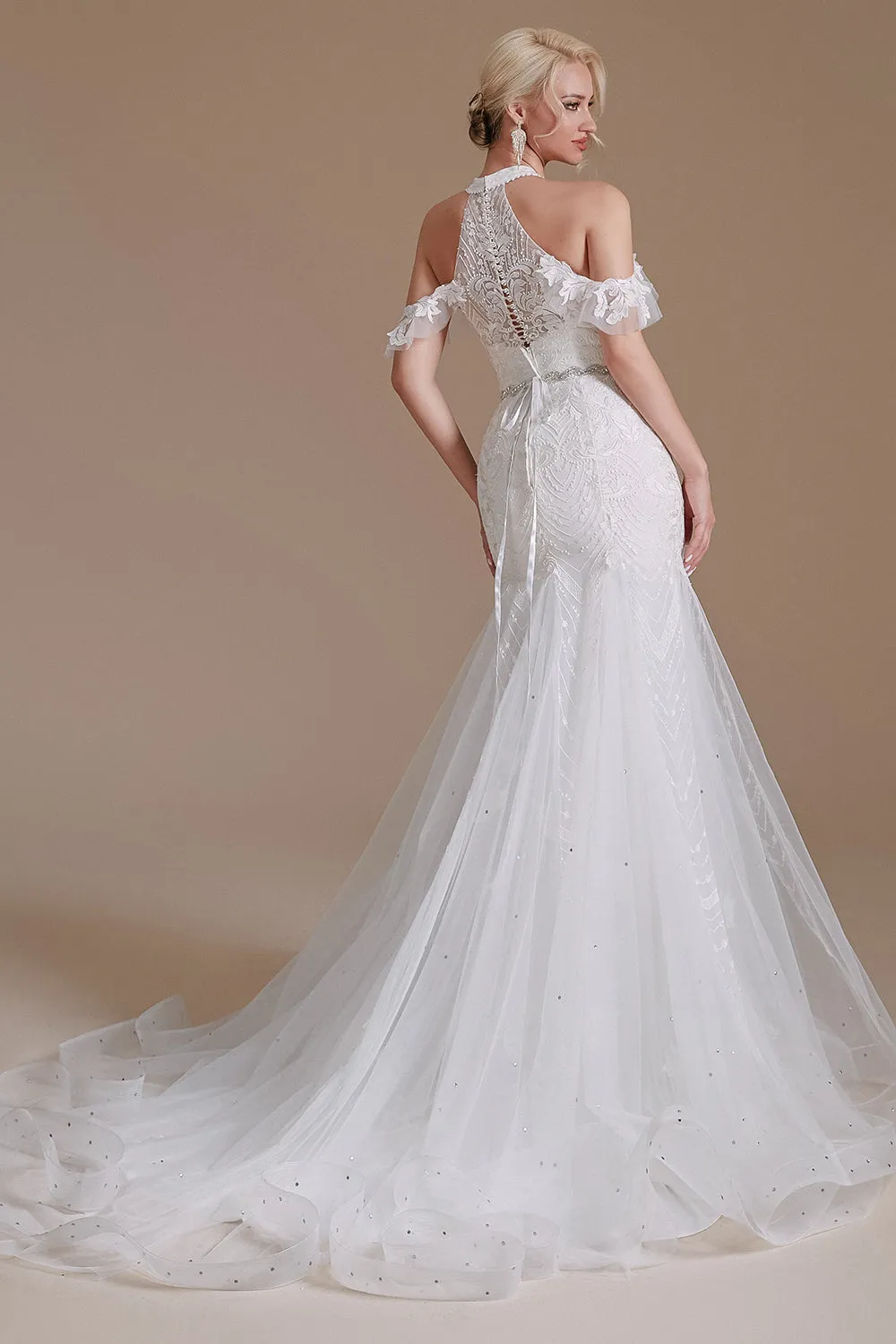 Gorgeous Long Mermaid Lace V-Neck Tulle Wedding Dress