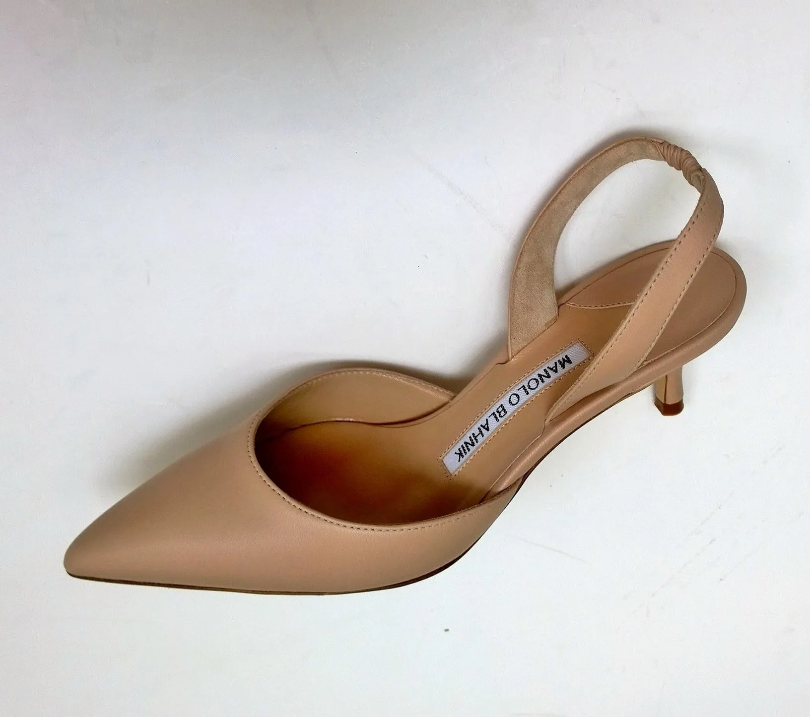 Manolo Blahnik Carolyne 50 Beige Nude Leather Slingback Heels