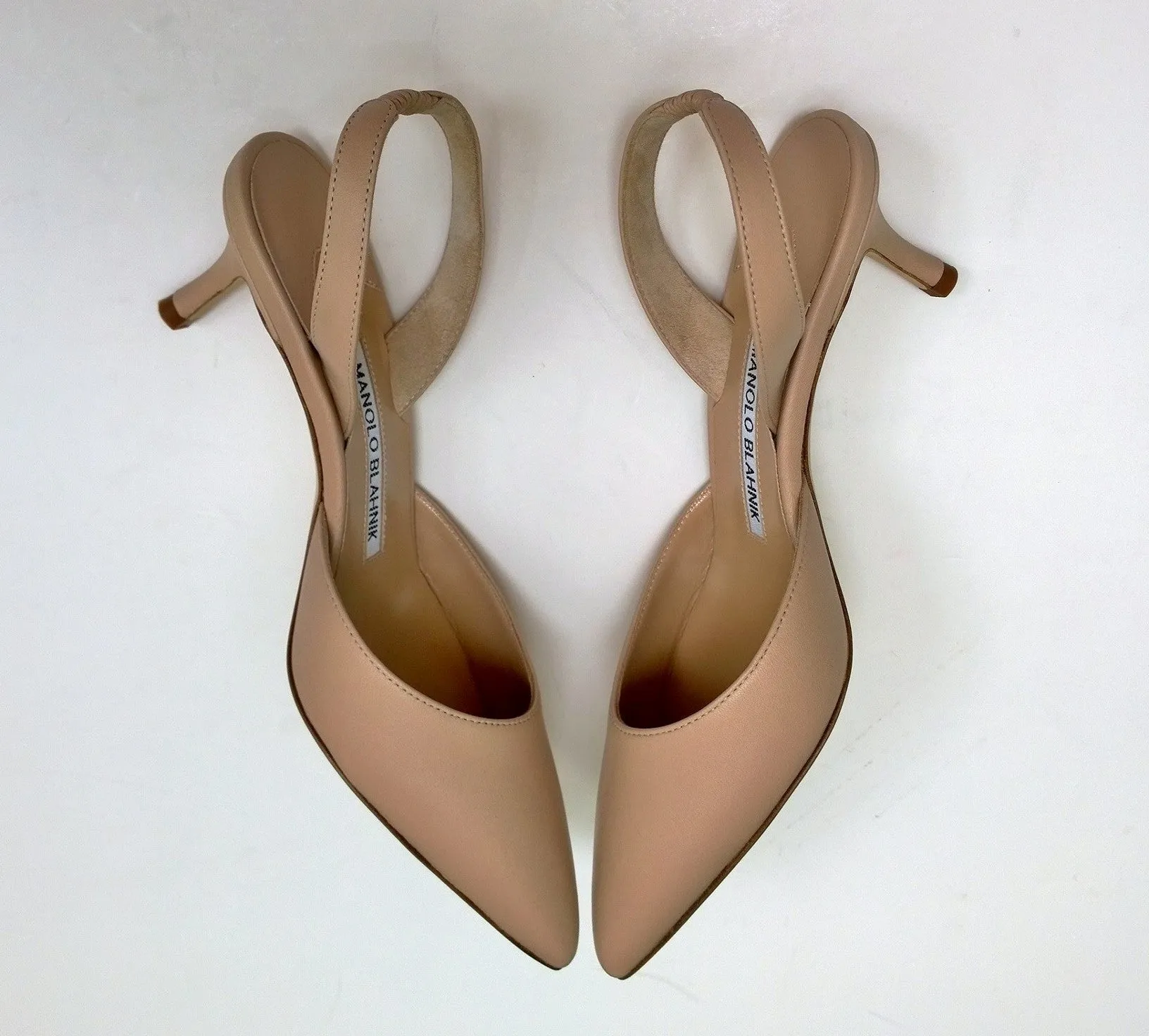 Manolo Blahnik Carolyne 50 Beige Nude Leather Slingback Heels