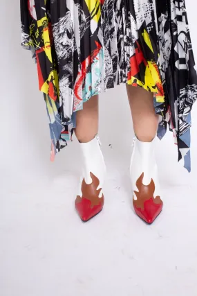 POINTY KITTEN HEEL FLAME BOOTS IN WHITE