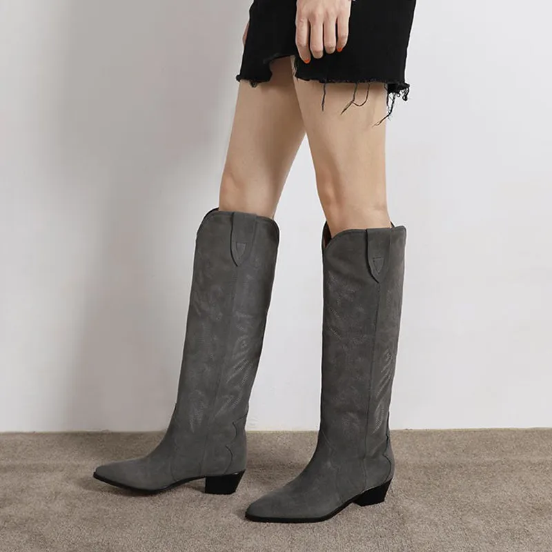 Womens Western Embroidered Knee High Boots Block Heel - Suede Black/Khaki/Grey Cowgirl Boots All Genuine Leather