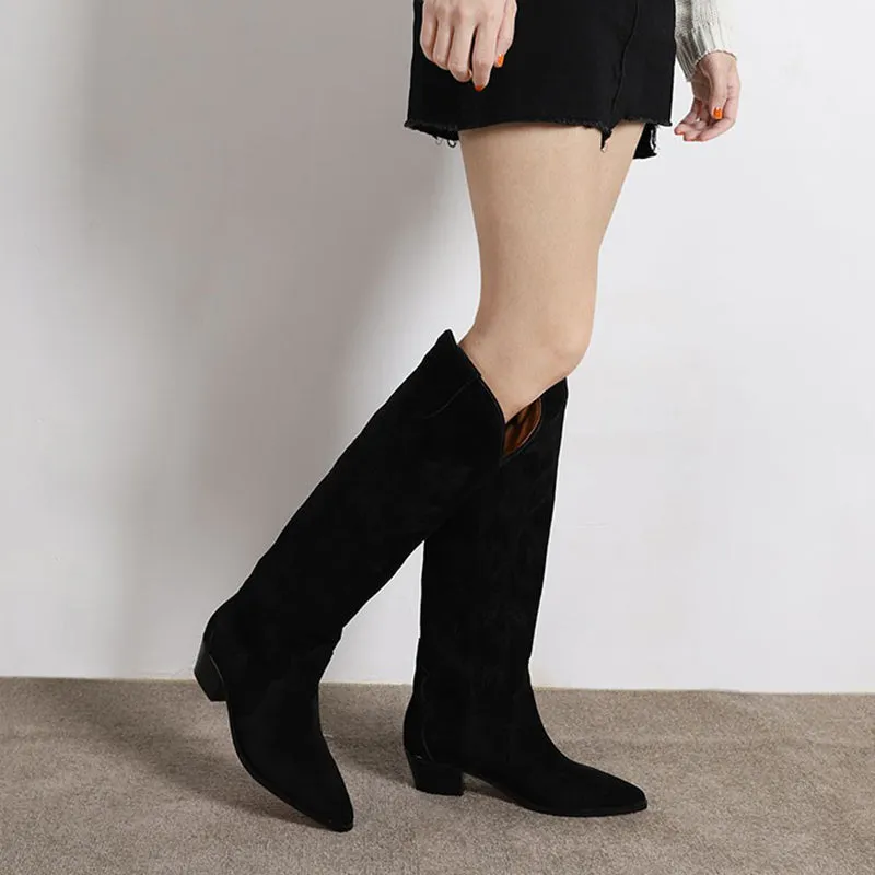 Womens Western Embroidered Knee High Boots Block Heel - Suede Black/Khaki/Grey Cowgirl Boots All Genuine Leather